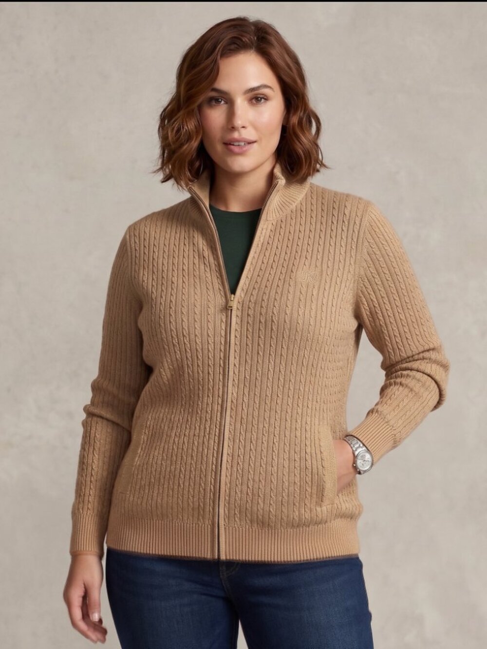 NWT Lauren Ralph Lauren Cable Knit Full Zip Cardigan Sweater Camel Tan XXL